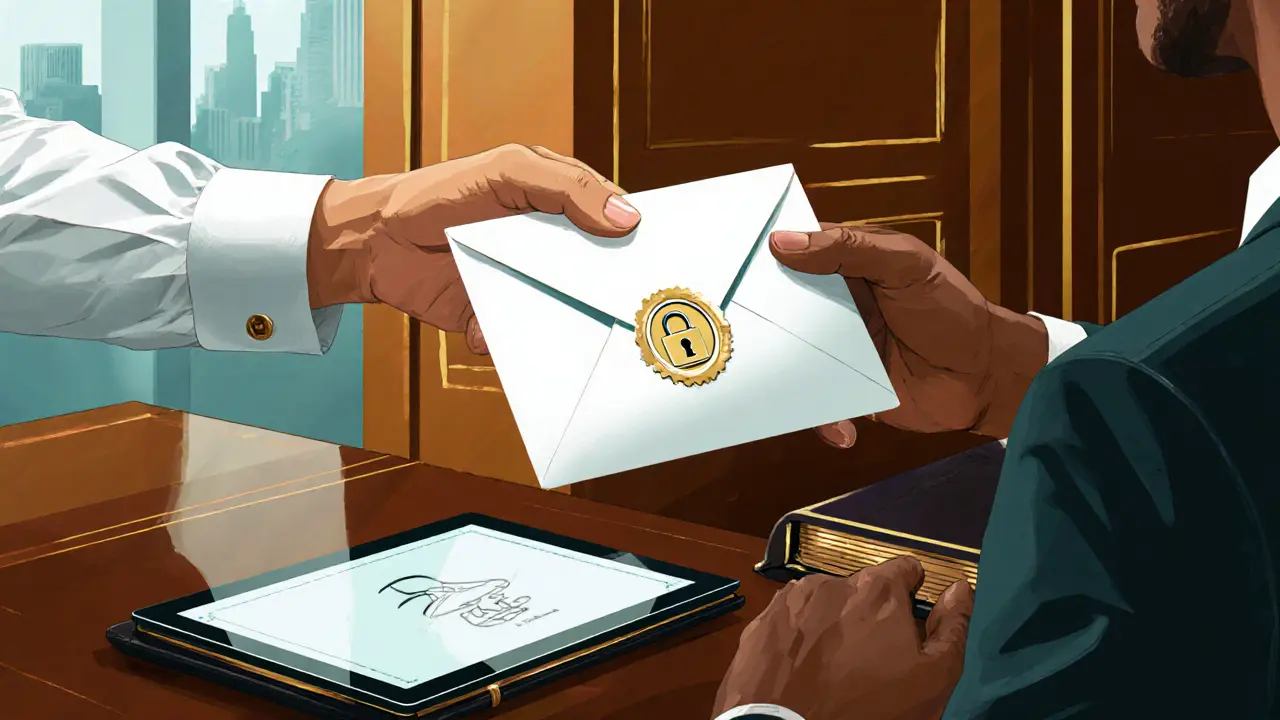 Agency representative handing a sealed envelope to a client in a stylish office.