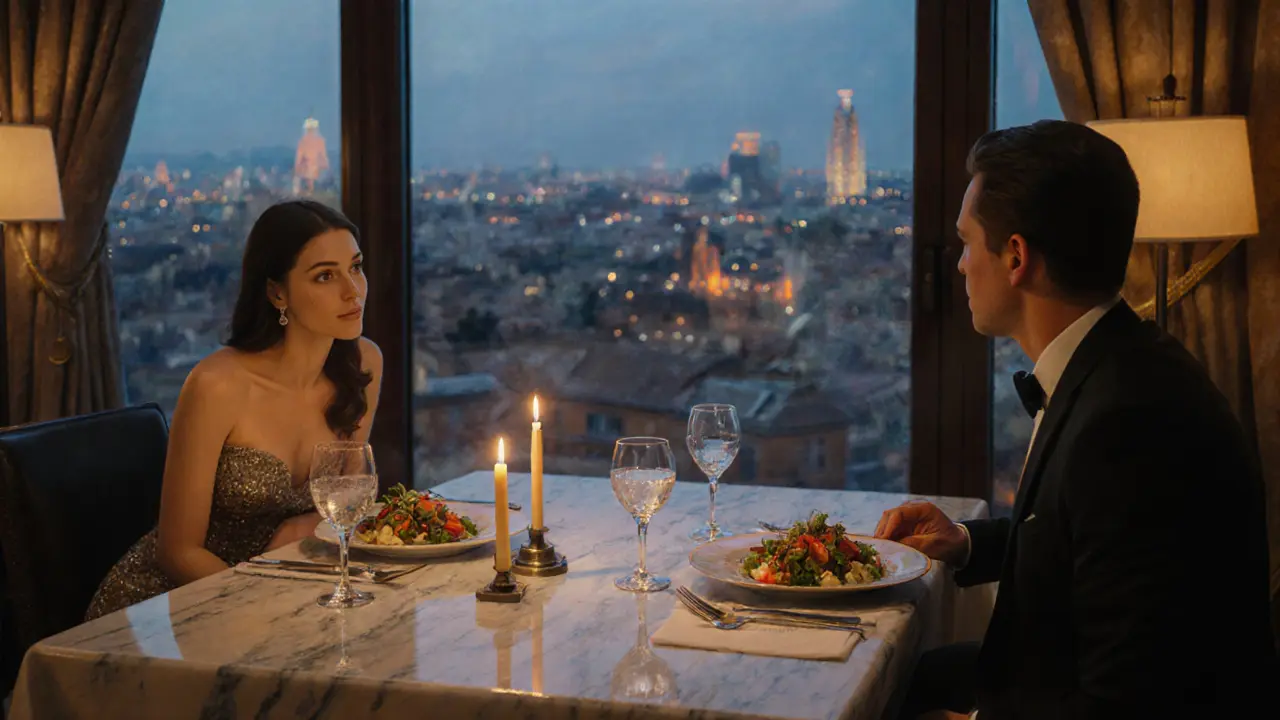 Cinematic painting of a luxurious dinner at Four Seasons with a companion and client.