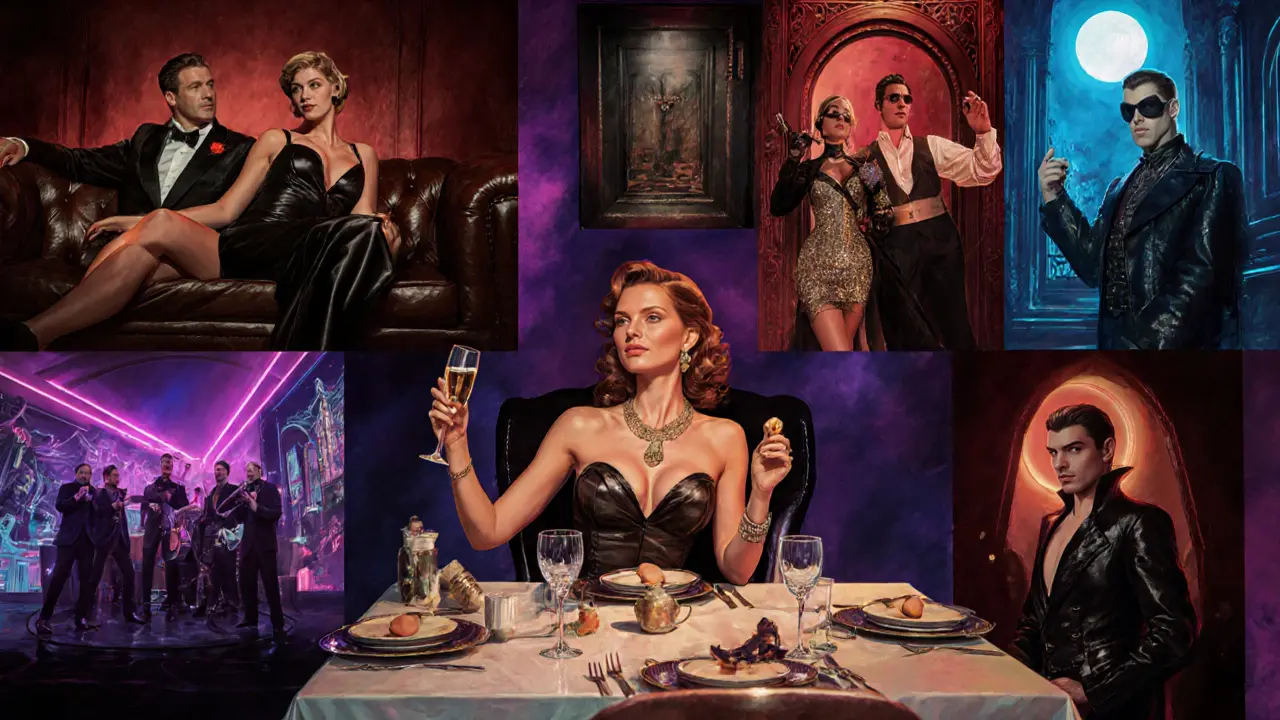 Collage of dinner, BDSM, speakeasy, celebrity, and vampire role‑play scenes.