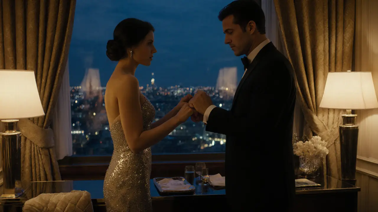 Escort and client in a lavish hotel suite exchanging a discreet gesture.