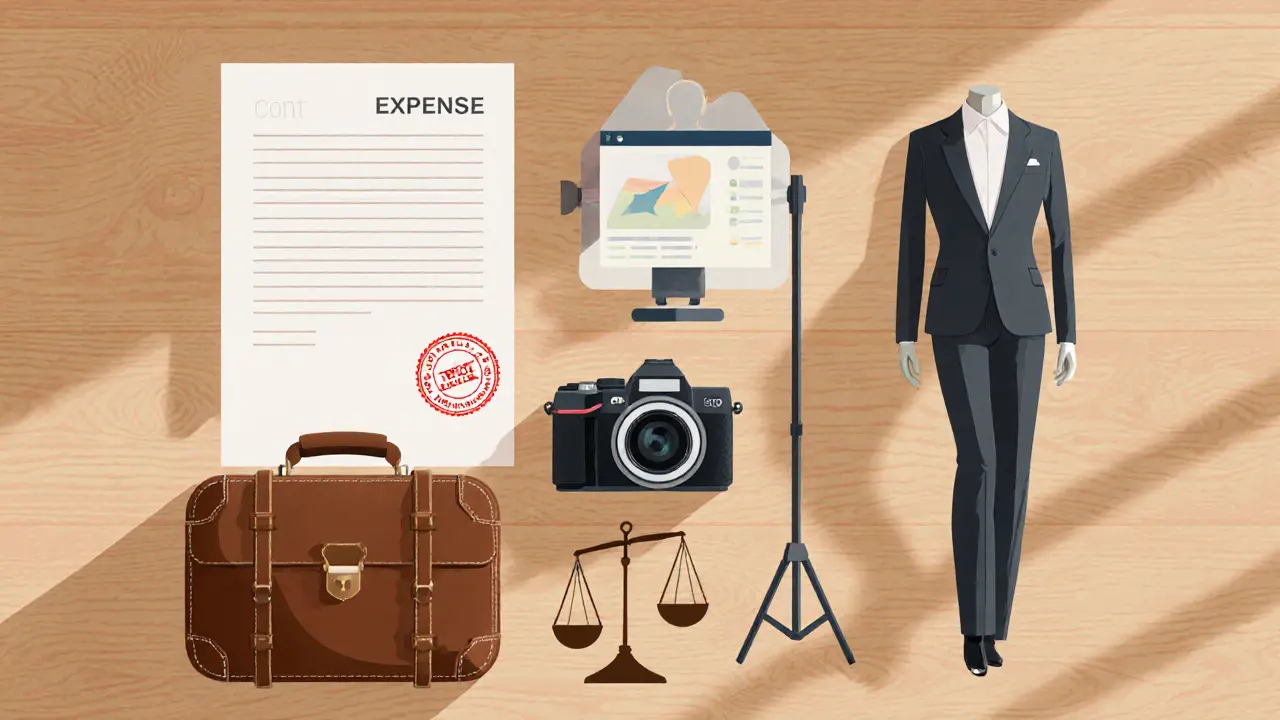 Flat‑lay of items representing agency fees, travel, marketing, wardrobe, and legal costs.