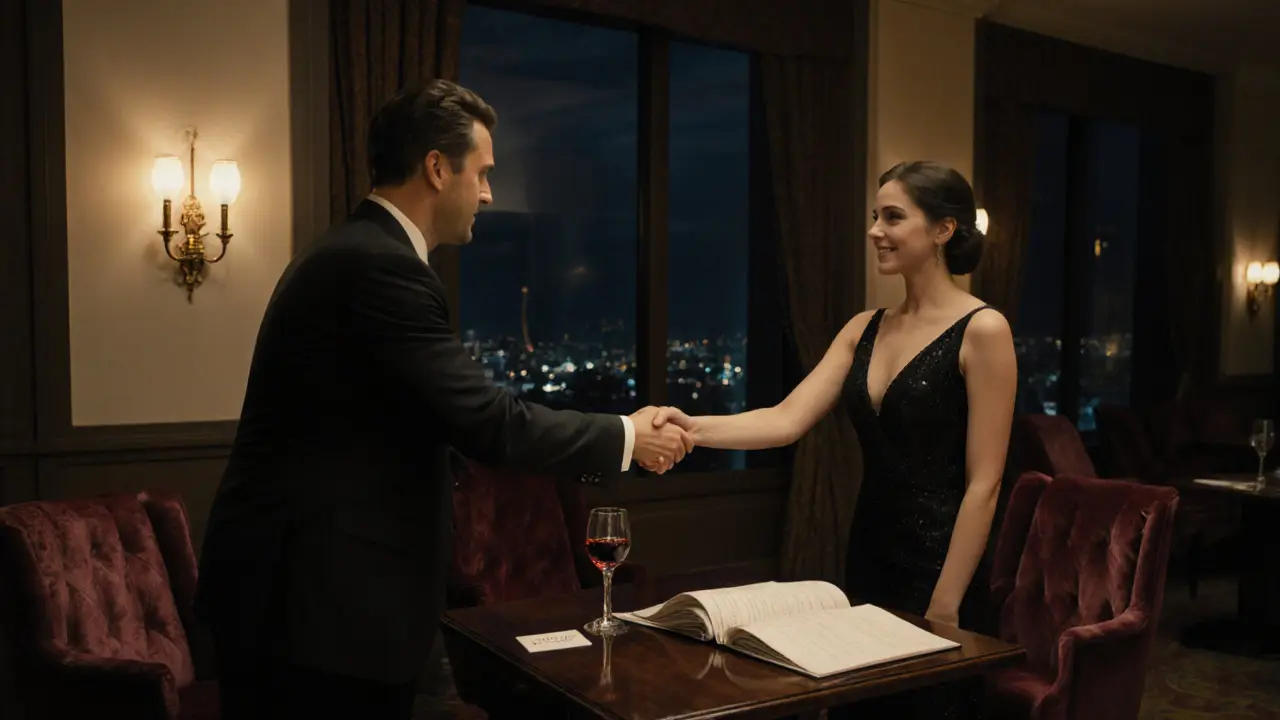 Hotel lounge scene with a handshake, wine glass, and discreet safe‑word card on a table.
