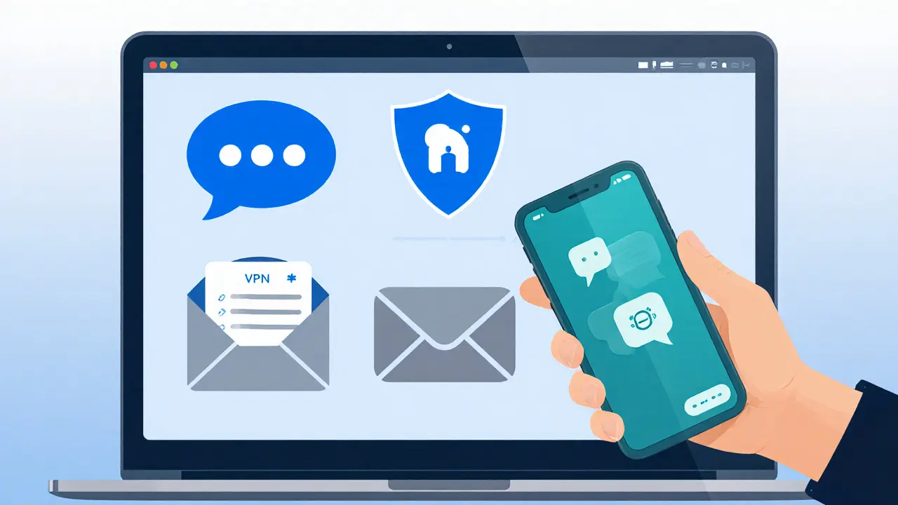 Illustration of privacy tools: laptop with Signal, VPN shield, ProtonMail, and a burner phone.