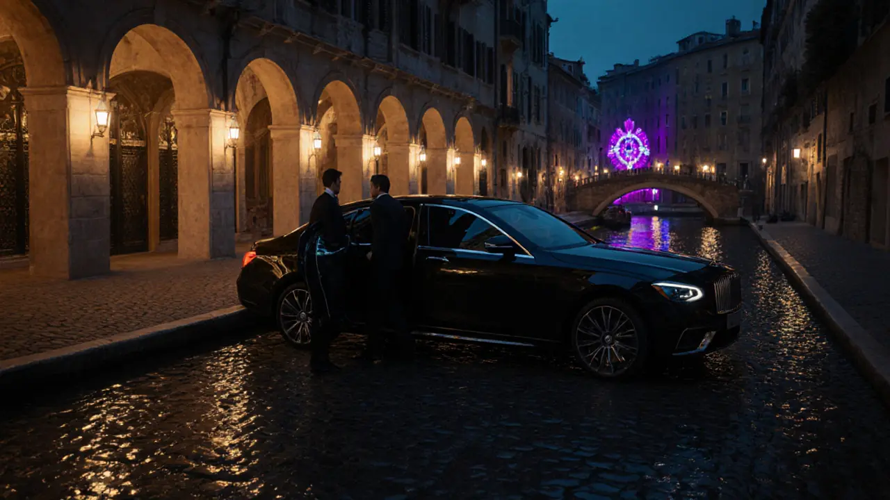 Nighttime Navigli canal with a sleek car and a couple stepping out under lantern light.