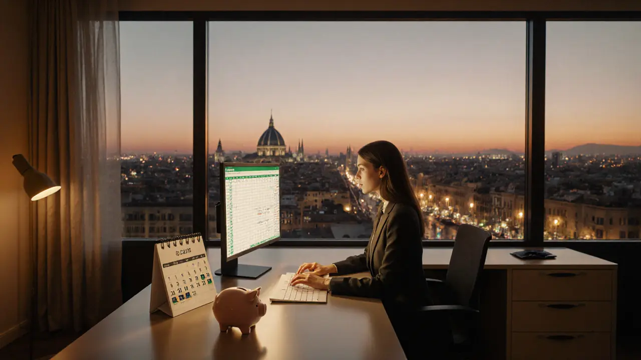 Office interior with woman reviewing finances, Milan skyline at dusk, piggy bank and calendar.
