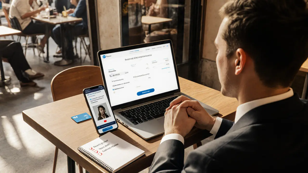 Photorealistic café scene showing verification badge, laptop, and safety checklist on table.