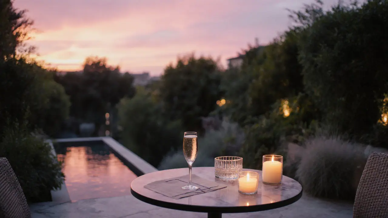 Secluded Bulgari Hotel garden terrace at sunset with candles and a table for two.