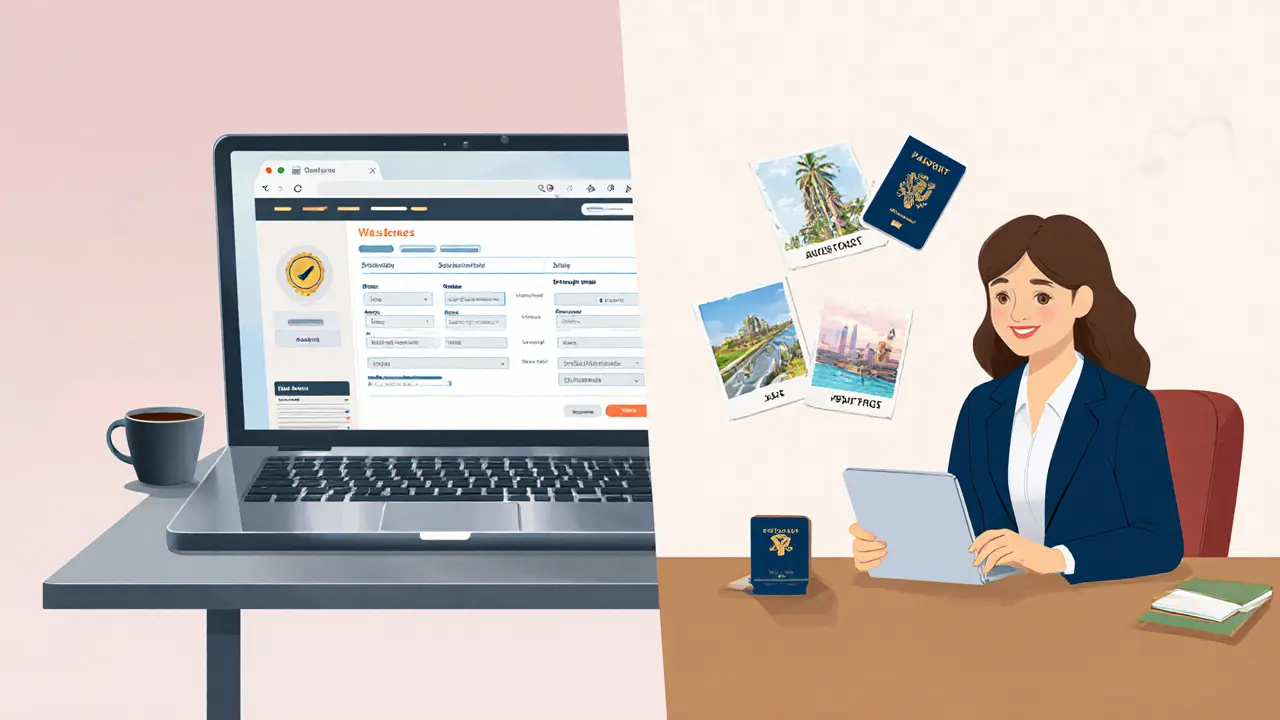Split illustration showing an agency office on one side and a freelance escort's home office on the other.