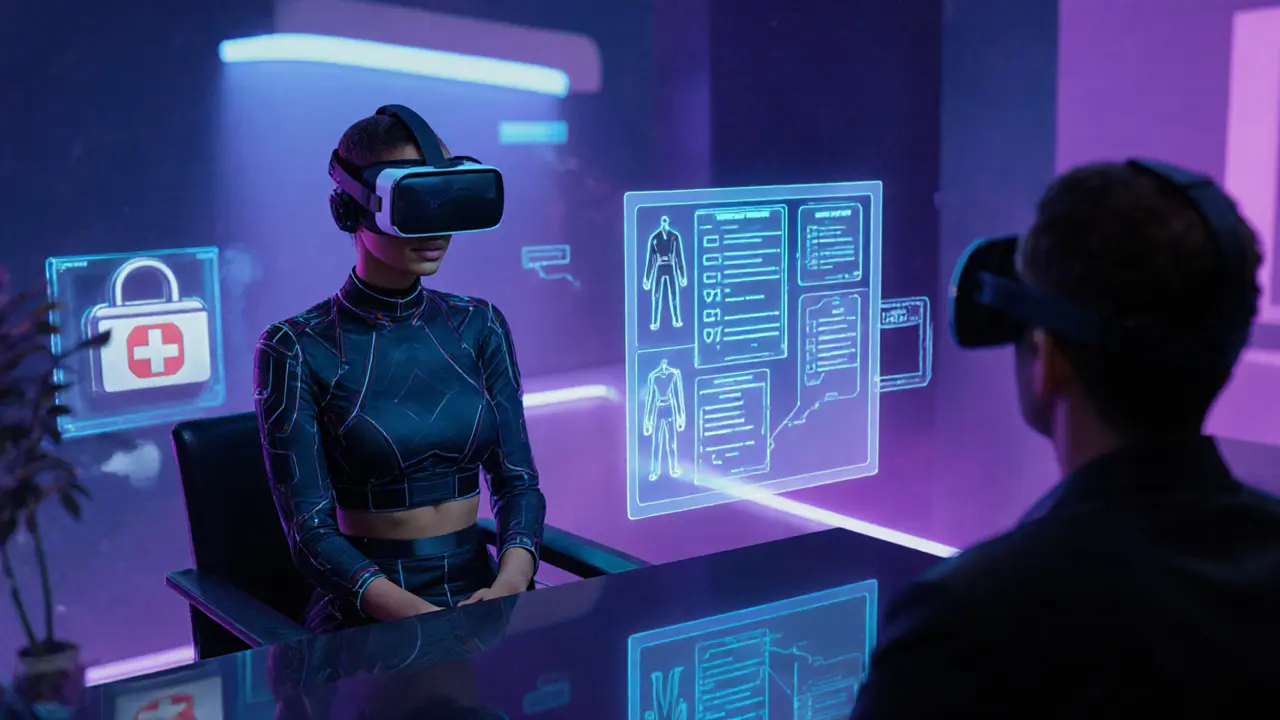 VR consultation with diverse escort and client, holographic fantasy plans in neon lounge.