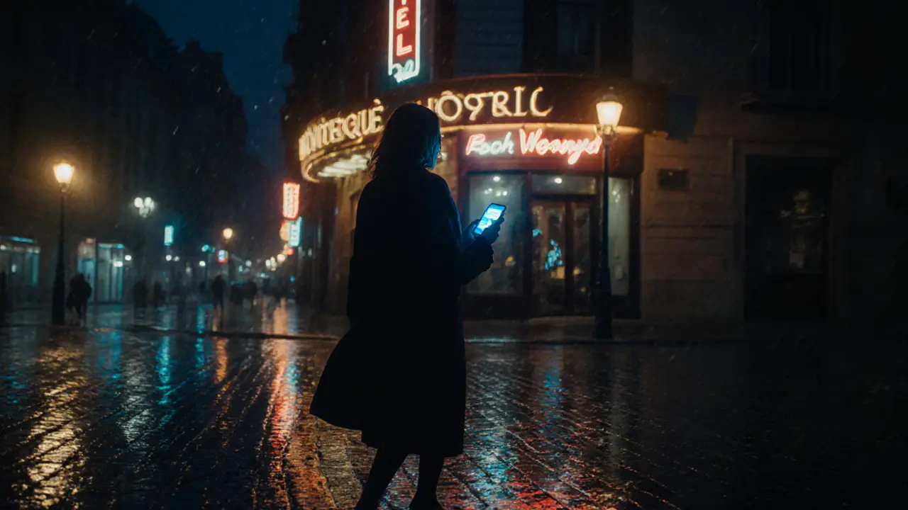 Woman leaves a hotel at night in rainy Milan, phone glowing with encrypted message.